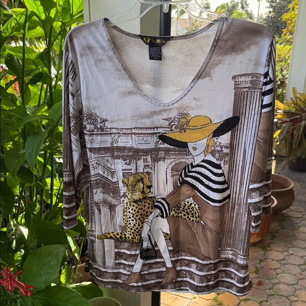 Valentina Artistic Cat Walk rhinestone embellished v neck Long Sleeve Top NWOT